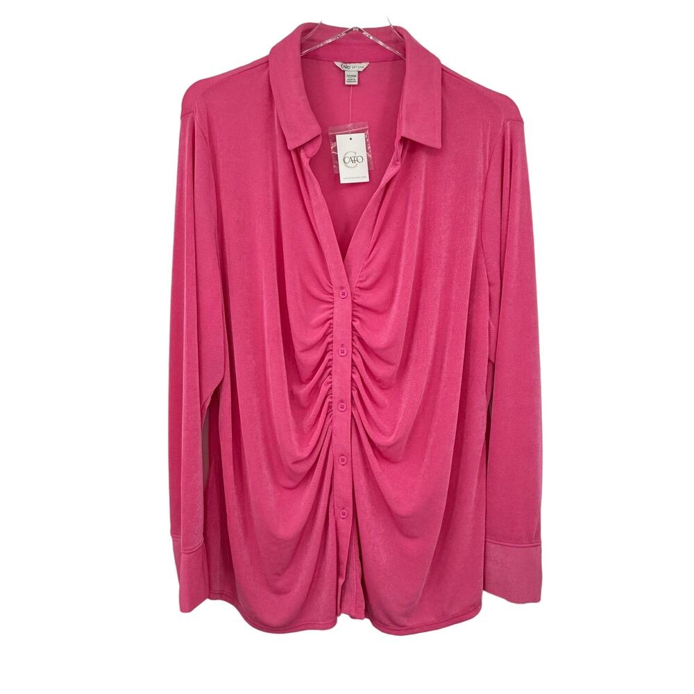 Cato blouse button front stretch ruched slinky travel pink 22W-24W NEW